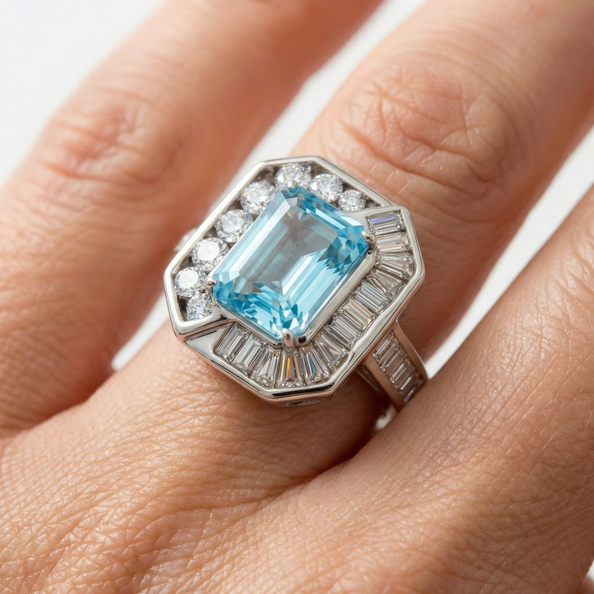 Emerald Frame Ring with Aquamarine Emerald Stone – on White Gold