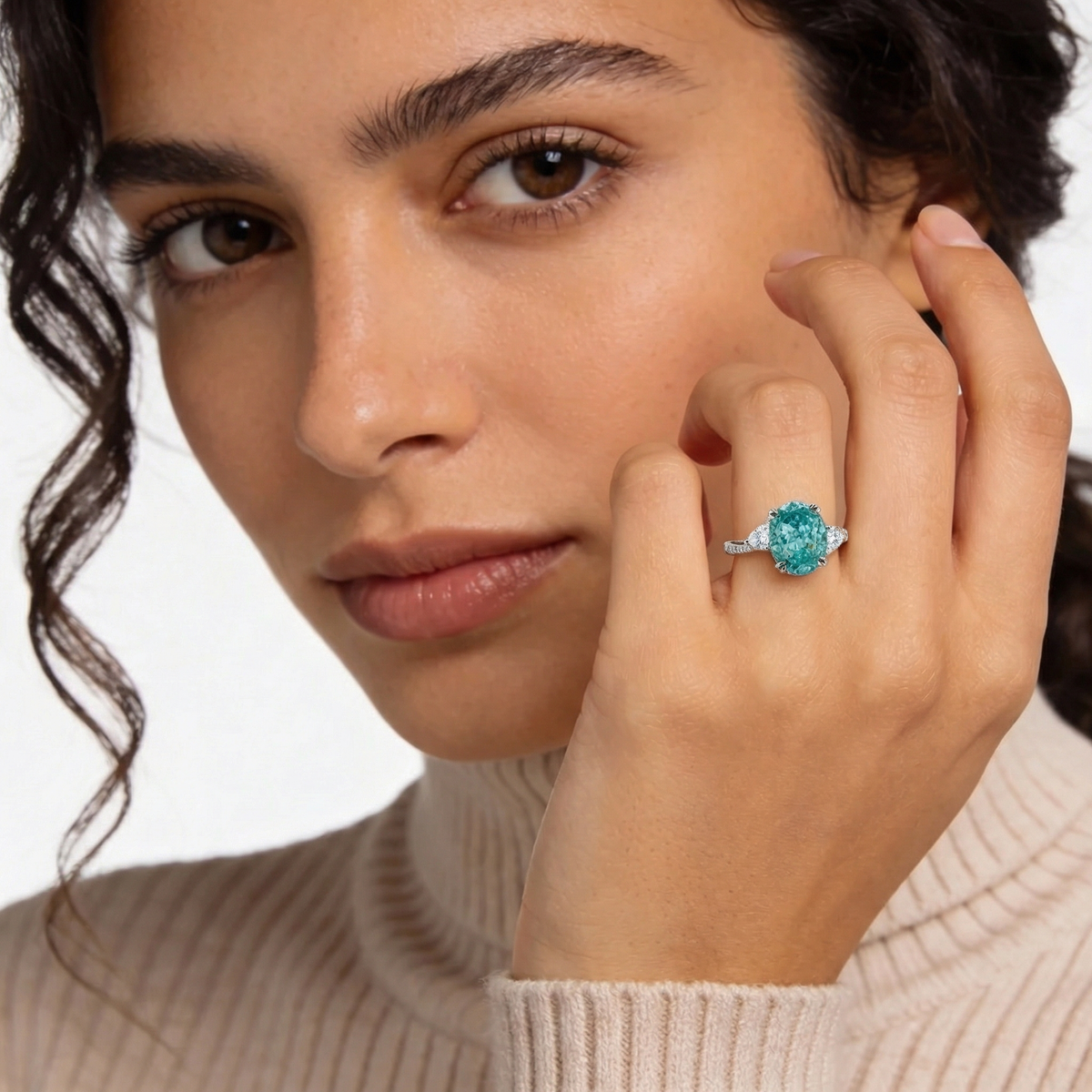Lagoon Pave Ring with Stacking Band with Paraiba Oval Stone – on White Gold