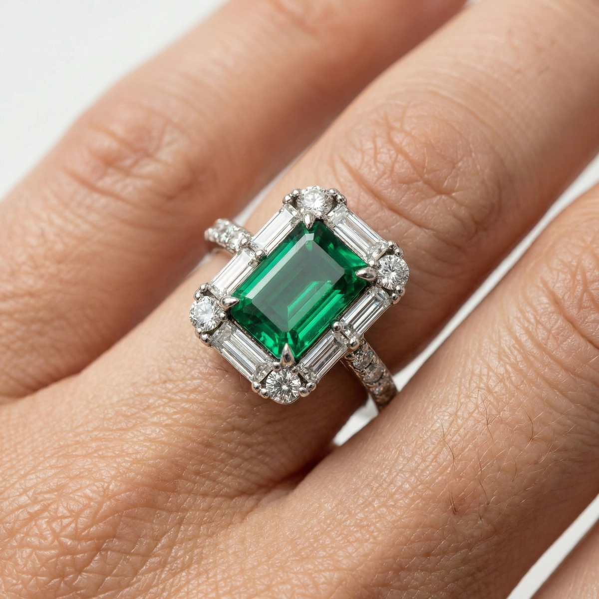 Eden Pave Ring with Green Emerald Stone – on White Gold