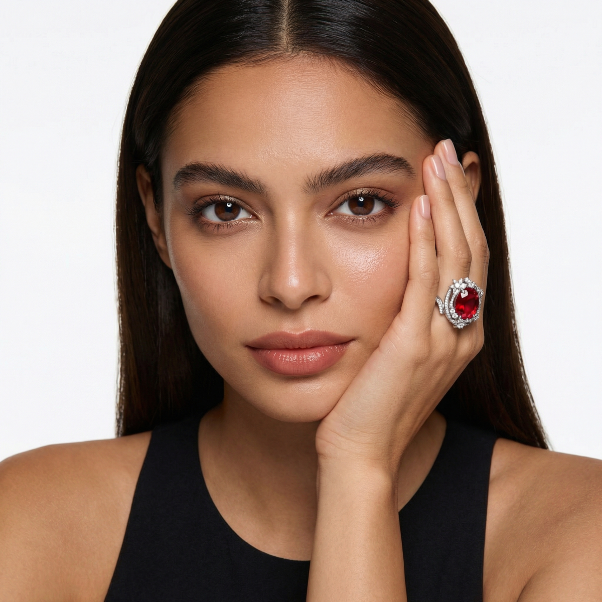 Starfall Pave Ring with Avenys Signature™ Oval Pigeon Blood Ruby – on White Gold