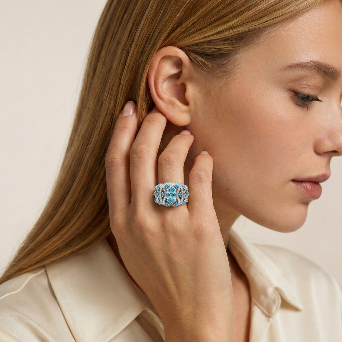 Floral Garden Ring with Aquamarine Oval Stone – on White Gold
