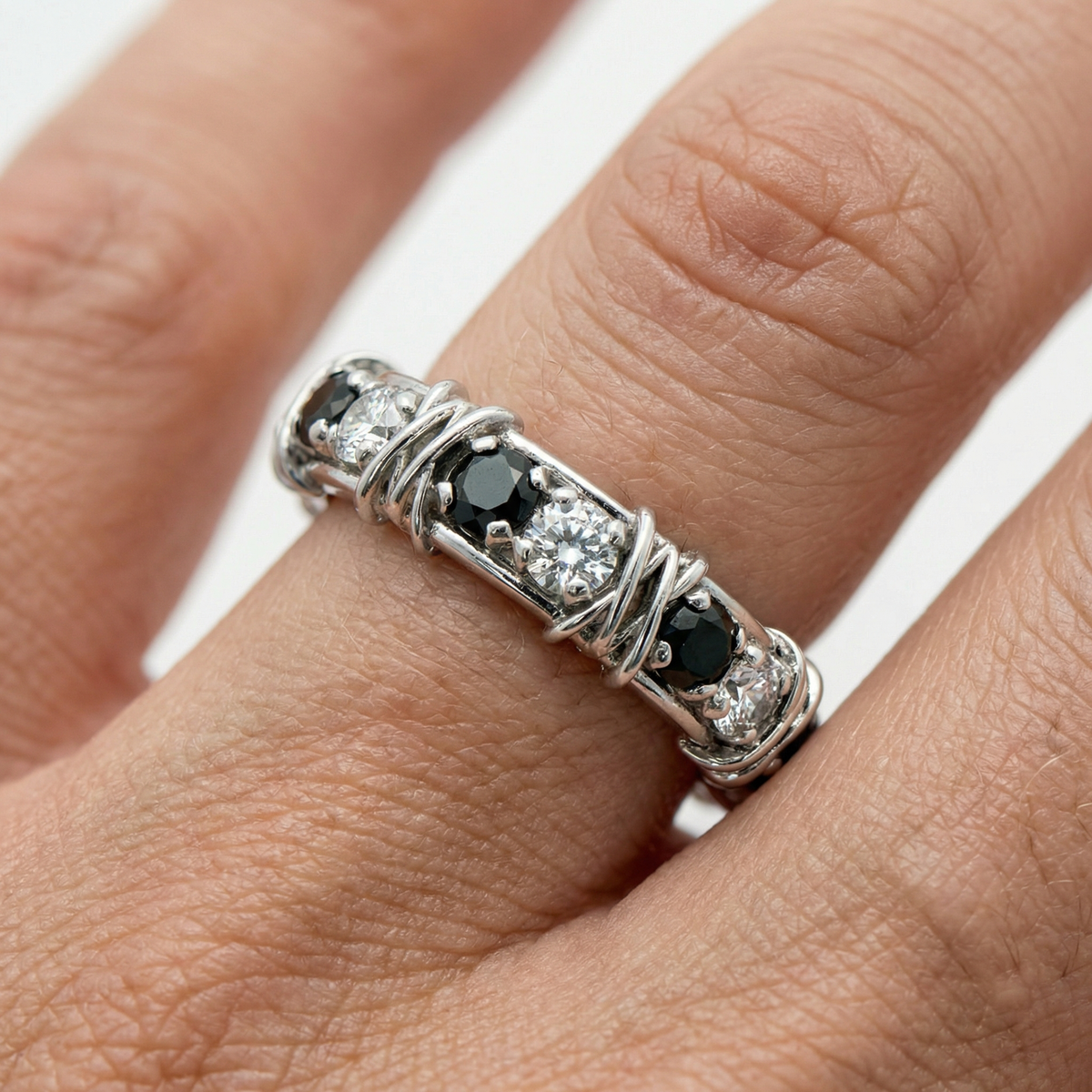 AV Signature Ring Mens with Black Round Stone – on White Gold