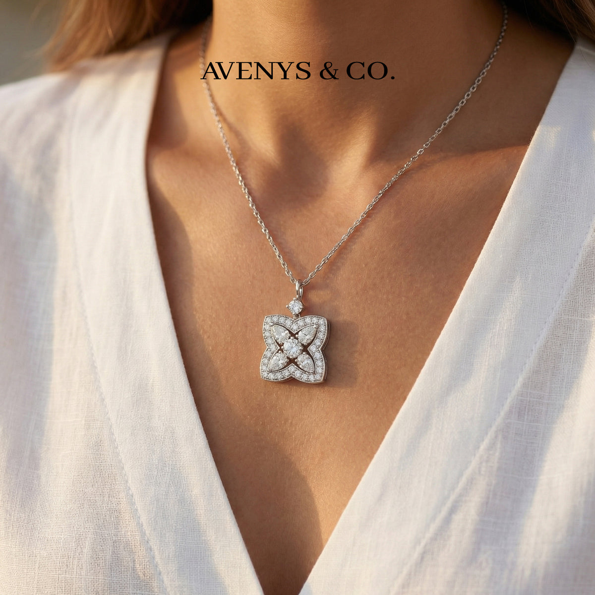 Lotus Classic Necklace with White Round Stone – on White Gold