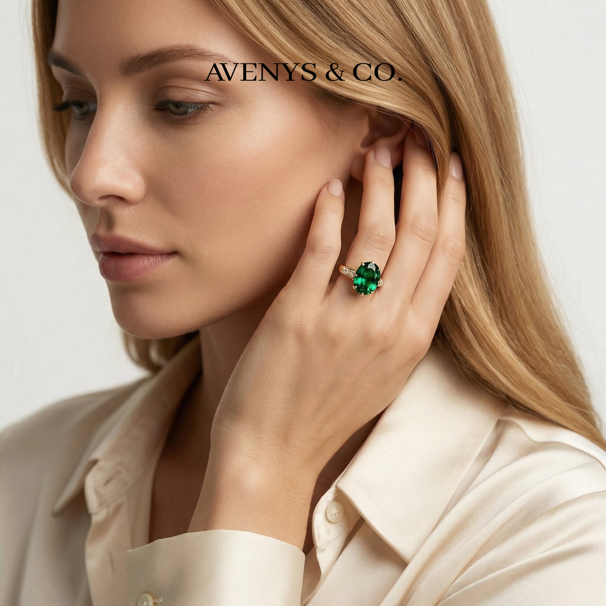 Oval Baguette Ring with Green Oval Stone – on Yellow Gold