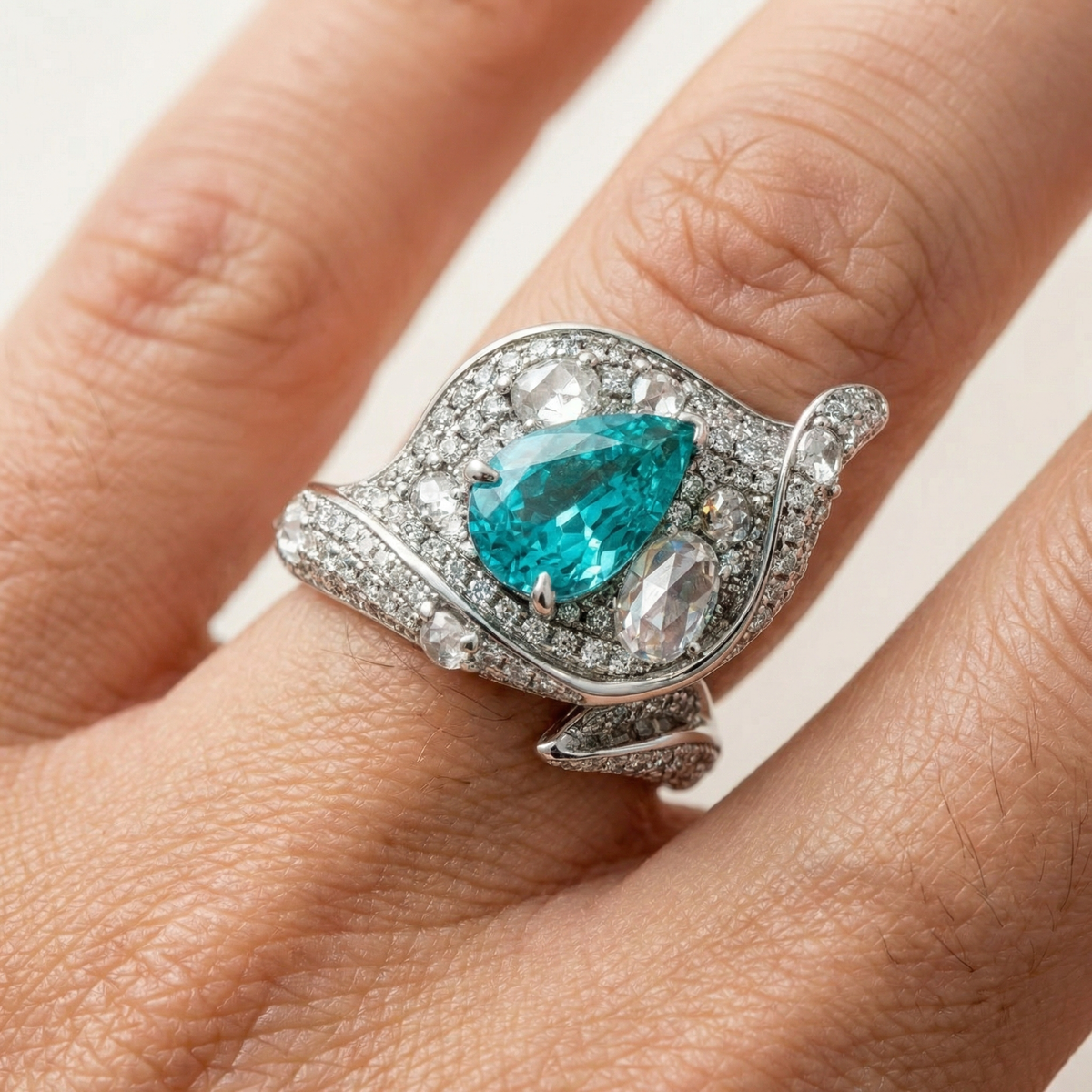 Siren Pave Ring with Paraiba Pear Stone – on White Gold