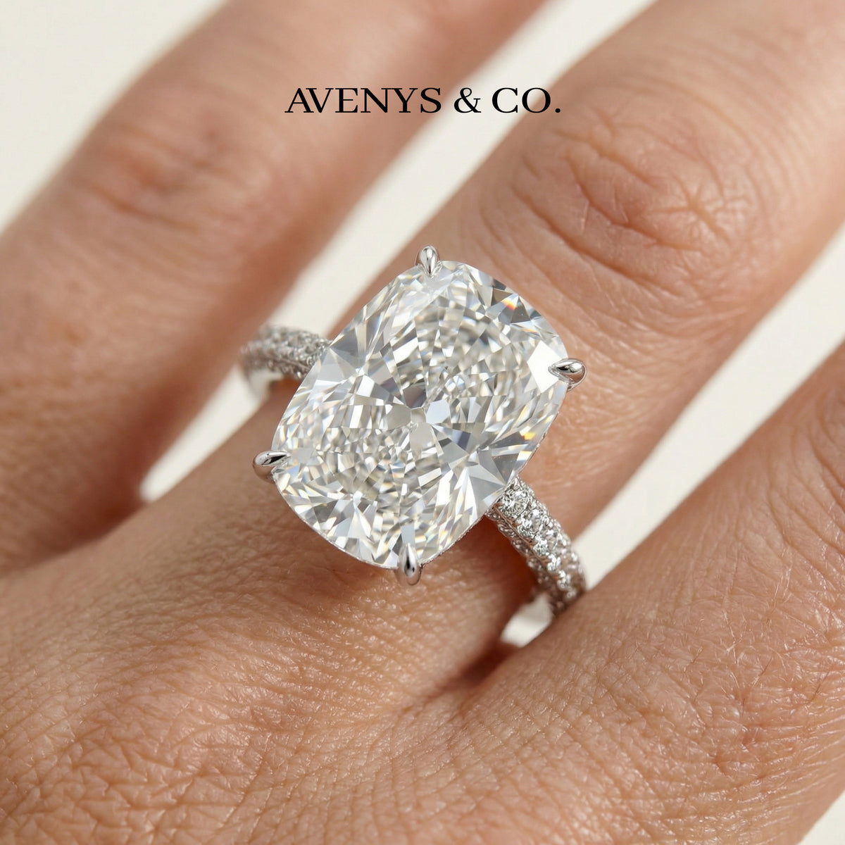 Cushion Pave Ring with White Cushion Stone – on White Gold