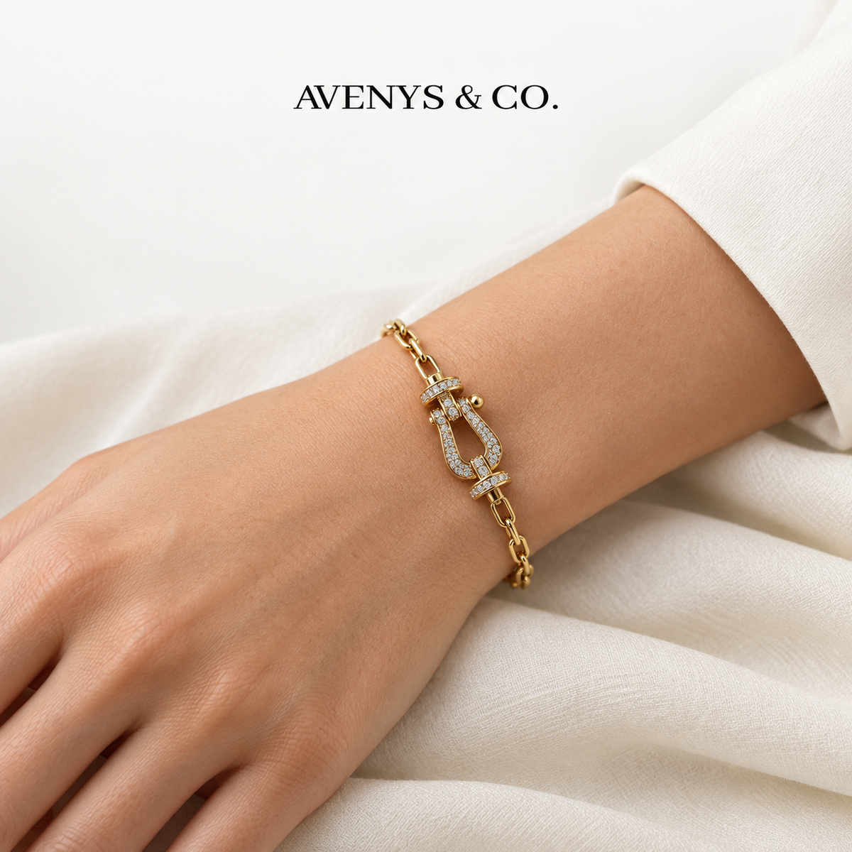 AV Anchor Chain Bracelet on Yellow Gold — wrist view