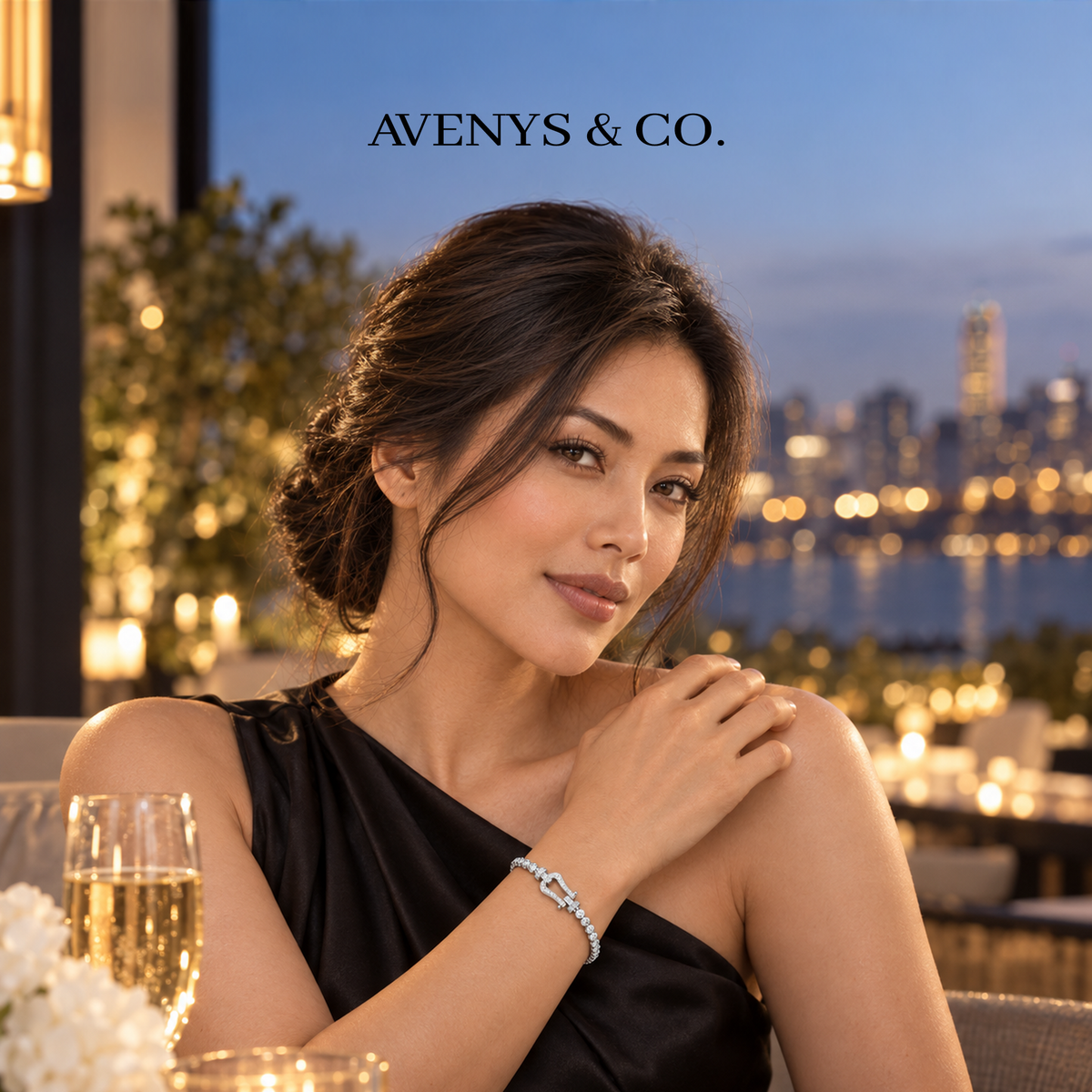 AV Anchor™ Tennis Bracelet - on White Gold, styled for after dark