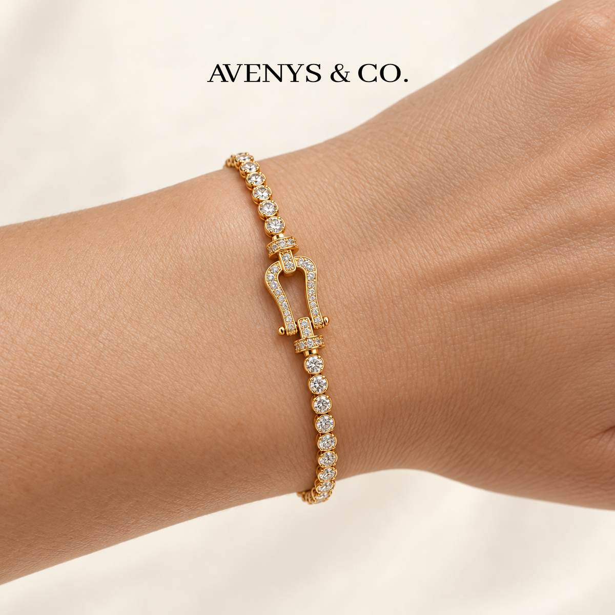 AV Anchor™ Tennis Bracelet - on Yellow Gold — Wrist view