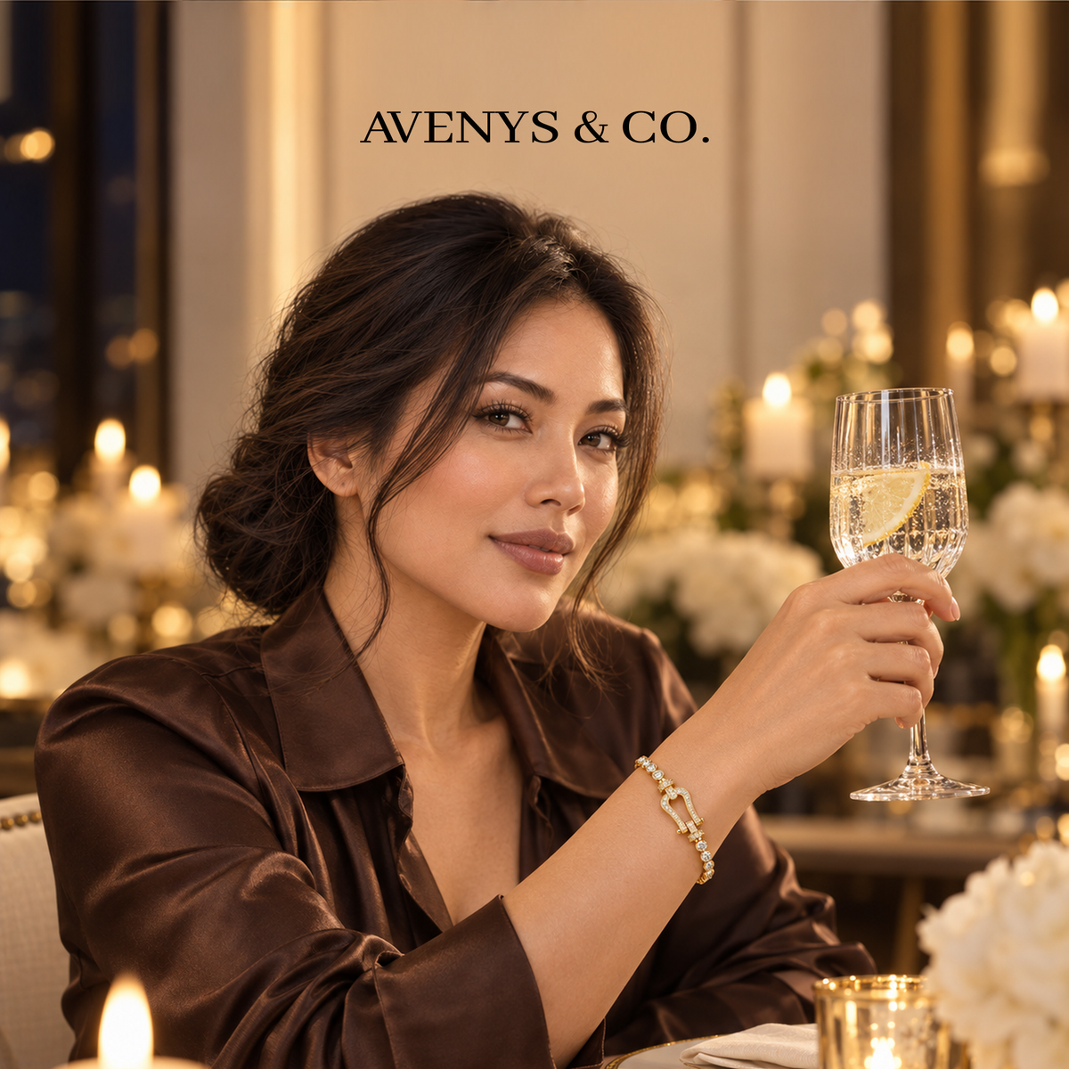AV Anchor™ Tennis Bracelet - on Yellow Gold, styled for celebration