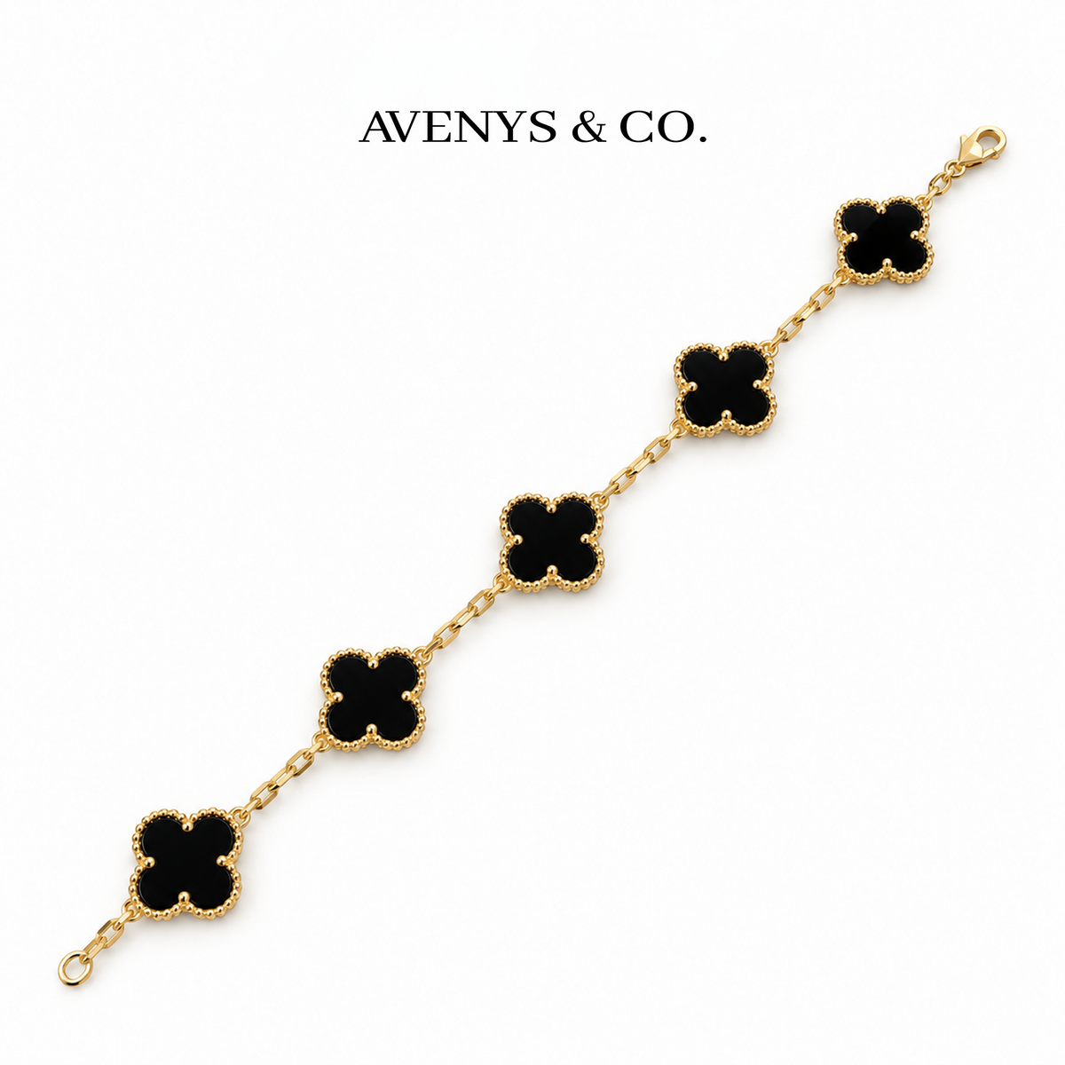 AV Bloom black five-motif bracelet with yellow gold faceted chain and lobster clasp
