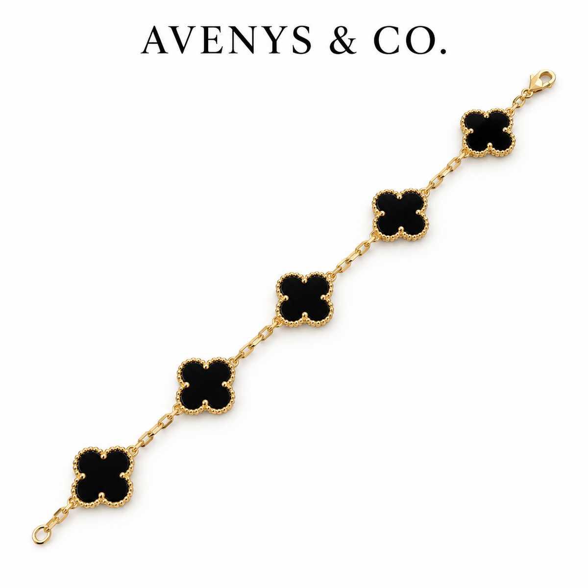AV Bloom black five-motif bracelet with yellow gold faceted chain and lobster clasp