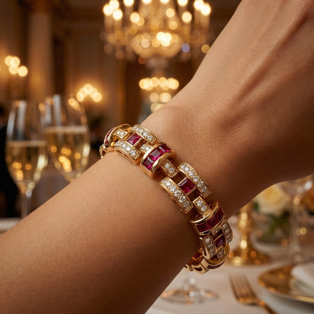 Libre Bracelet with Red Emerald Stone – on Yellow Gold — Additional evening lifestyle wrist view