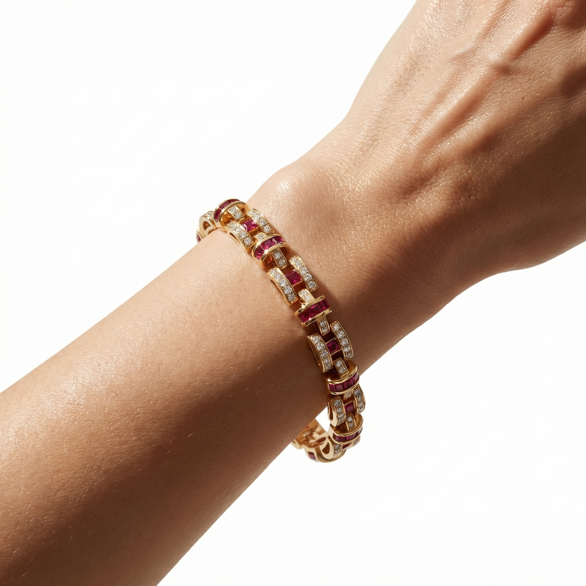 Libre Bracelet with Red Emerald Stone – on Yellow Gold — Wide wrist fit view