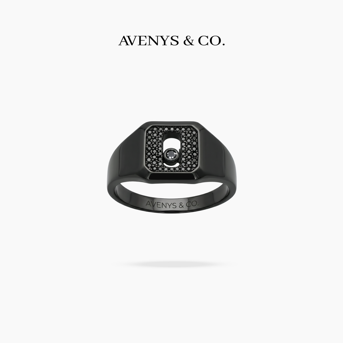 AV Glide™ Pave Signet Ring - on Black Gold — black stones, front and band view