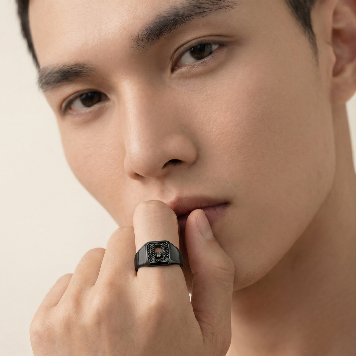 AV Glide™ Pave Signet Ring - on Black Gold — black stones, male model