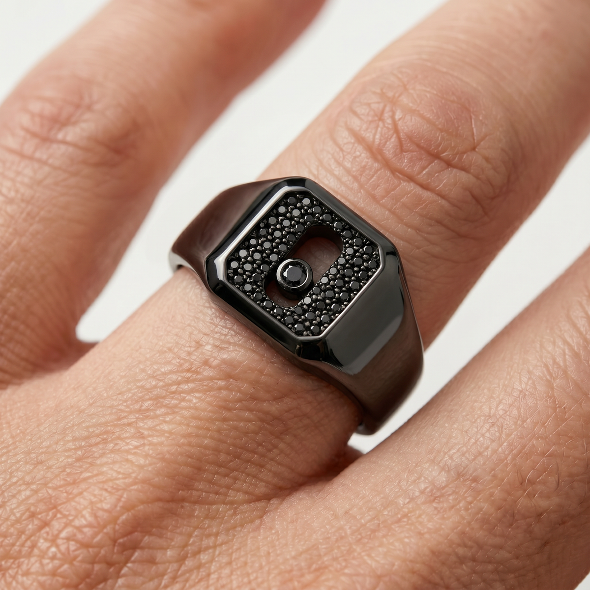 AV Glide™ Pave Signet Ring - on Black Gold — black stones, on hand, man