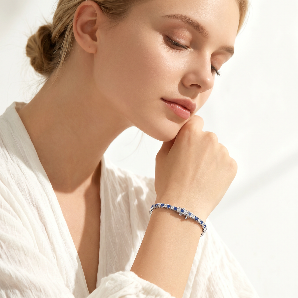 Alternating Blue White Tennis Bracelet - on White Gold — WEB view 6