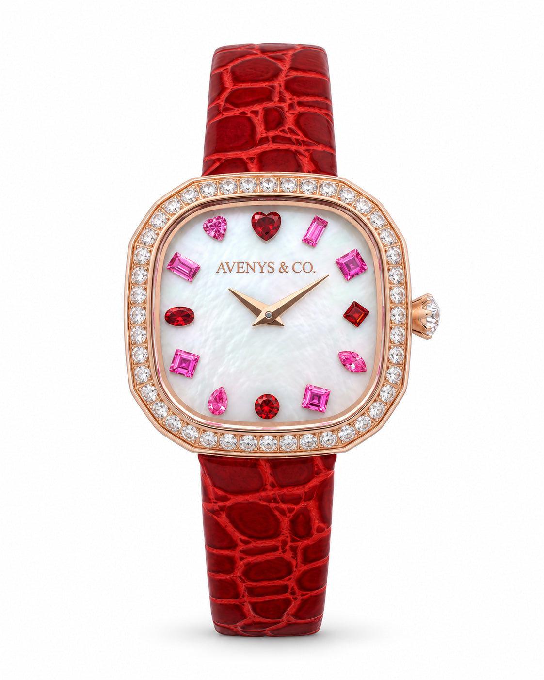 Avenys Capri Scarlet watch, front view with red leather strap and mother-of-pearl dial