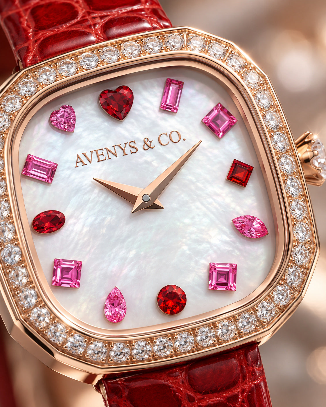 Avenys Capri Scarlet dial close-up showing pink and red hour markers and stone-set bezel