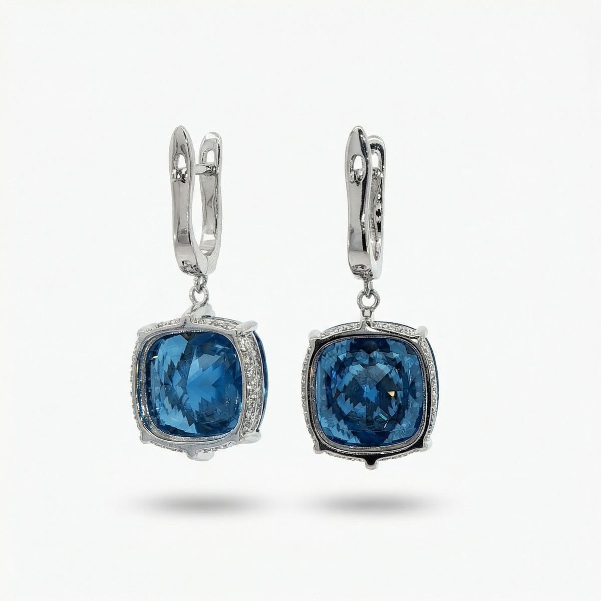 Embrace Pave Earrings with Blue Cushion Stone – on White Gold