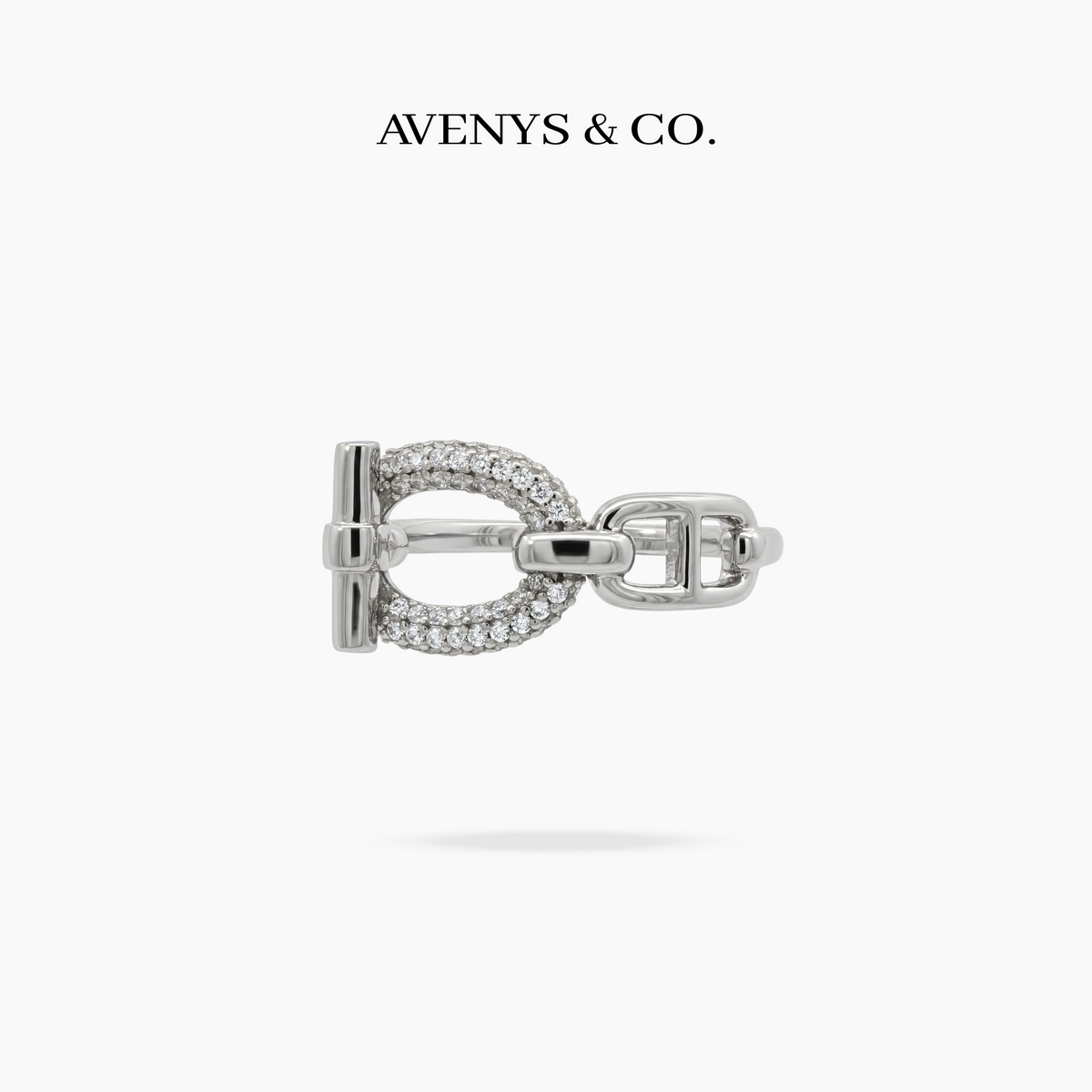 Buckle Pave Ring with White Round Stone – on White Gold — front view