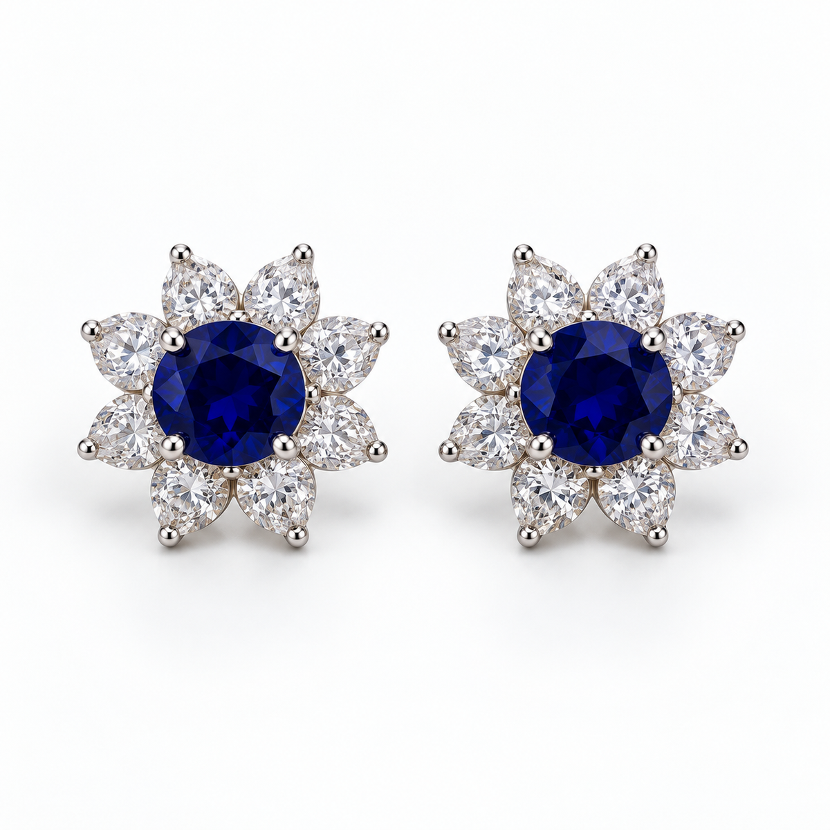 Classic Star Halo Earrings with Round Blue Stone - on White Gold