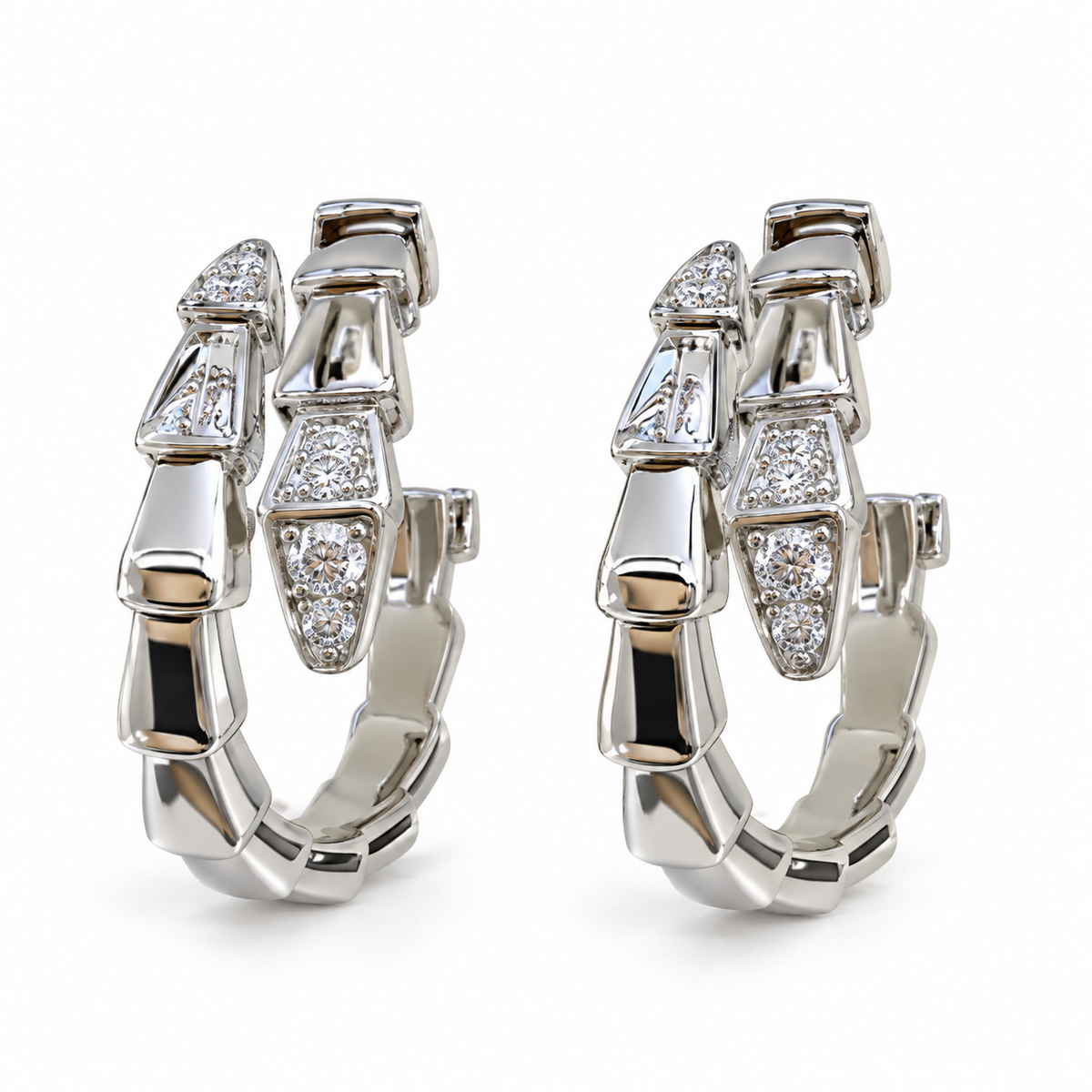 Segmented Snake Hoop Earrings with white round stones on white gold, cleaned product reference