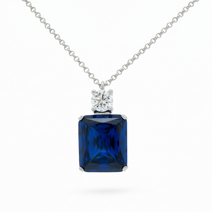 Radiant Pendant Necklace with Blue Radiant Stone – on White Gold