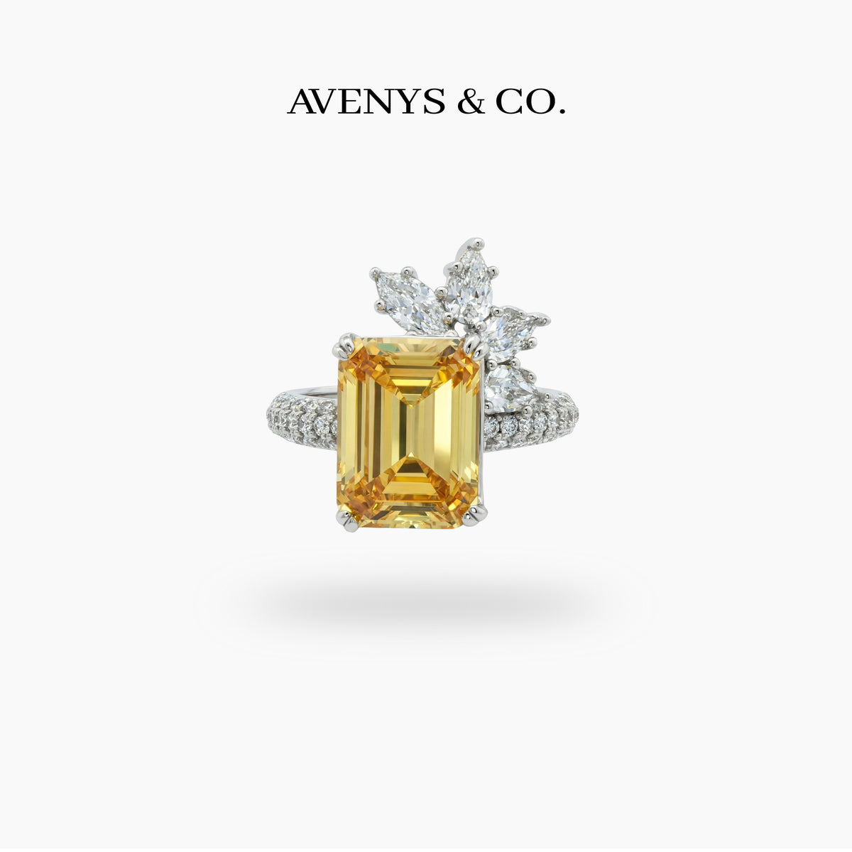 Lightwell Cluster Ring with Yellow Emerald Stone – on White Gold