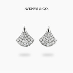 Fan Pave Earrings with White Round Stone – on White Gold