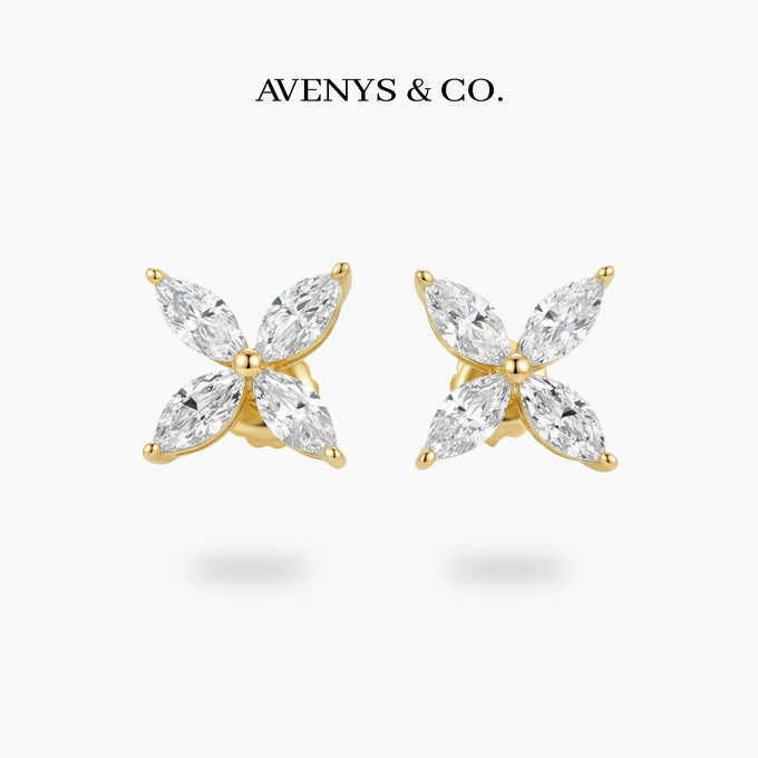 Star Earrings with White Marquise Stone – on Yellow Gold