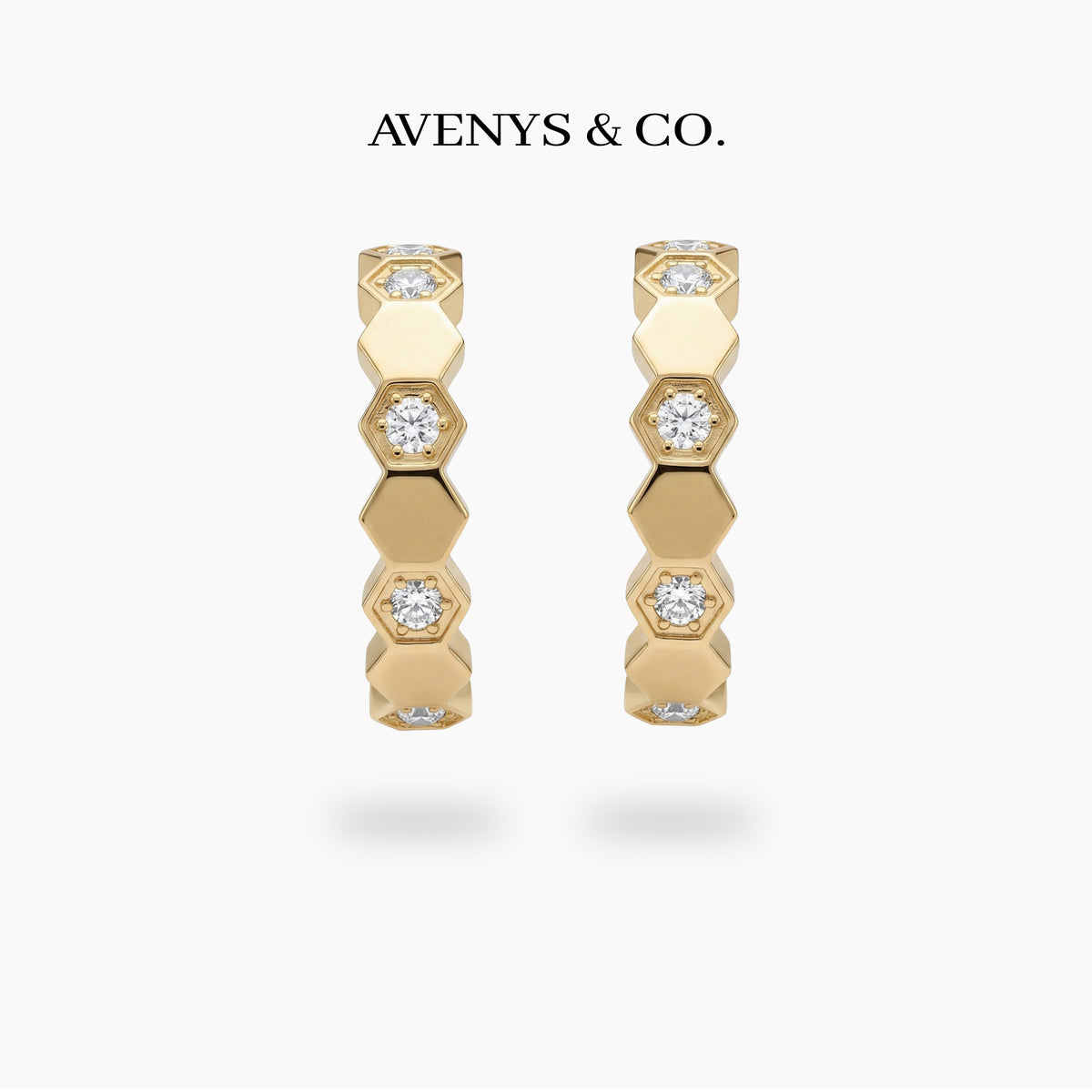 Honeycomb Earrings with White Round Stone – on Yellow Gold