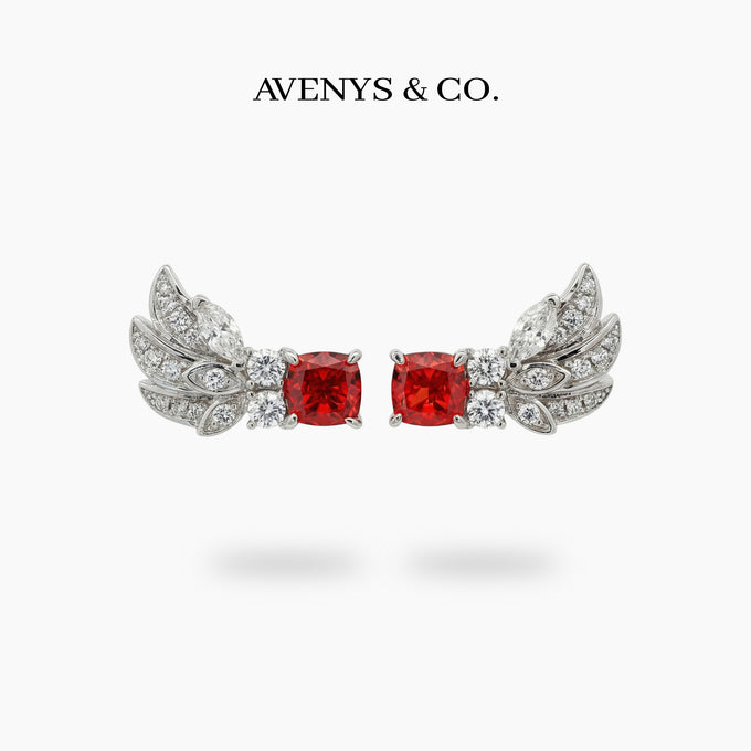 Red Wings Earrings with Red Cushion Stone – on White Gold