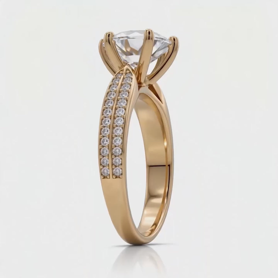 Twist Pave Solitaire Ring with white round stone on yellow gold, product video