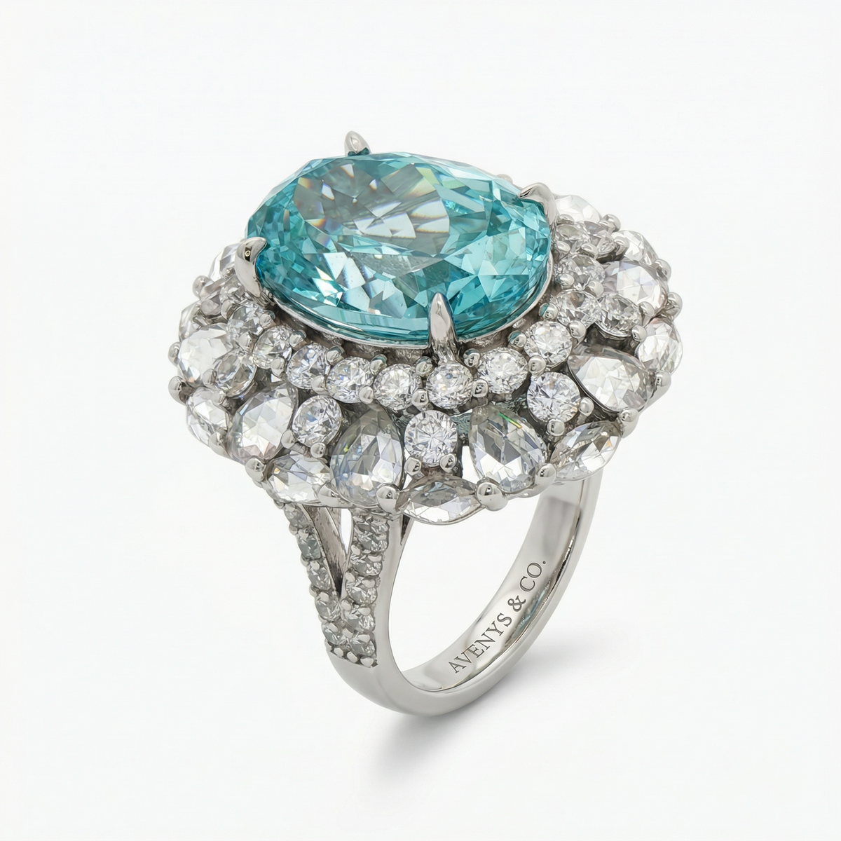 Seafoam Halo Ring with Paraiba Oval Stone – on White Gold