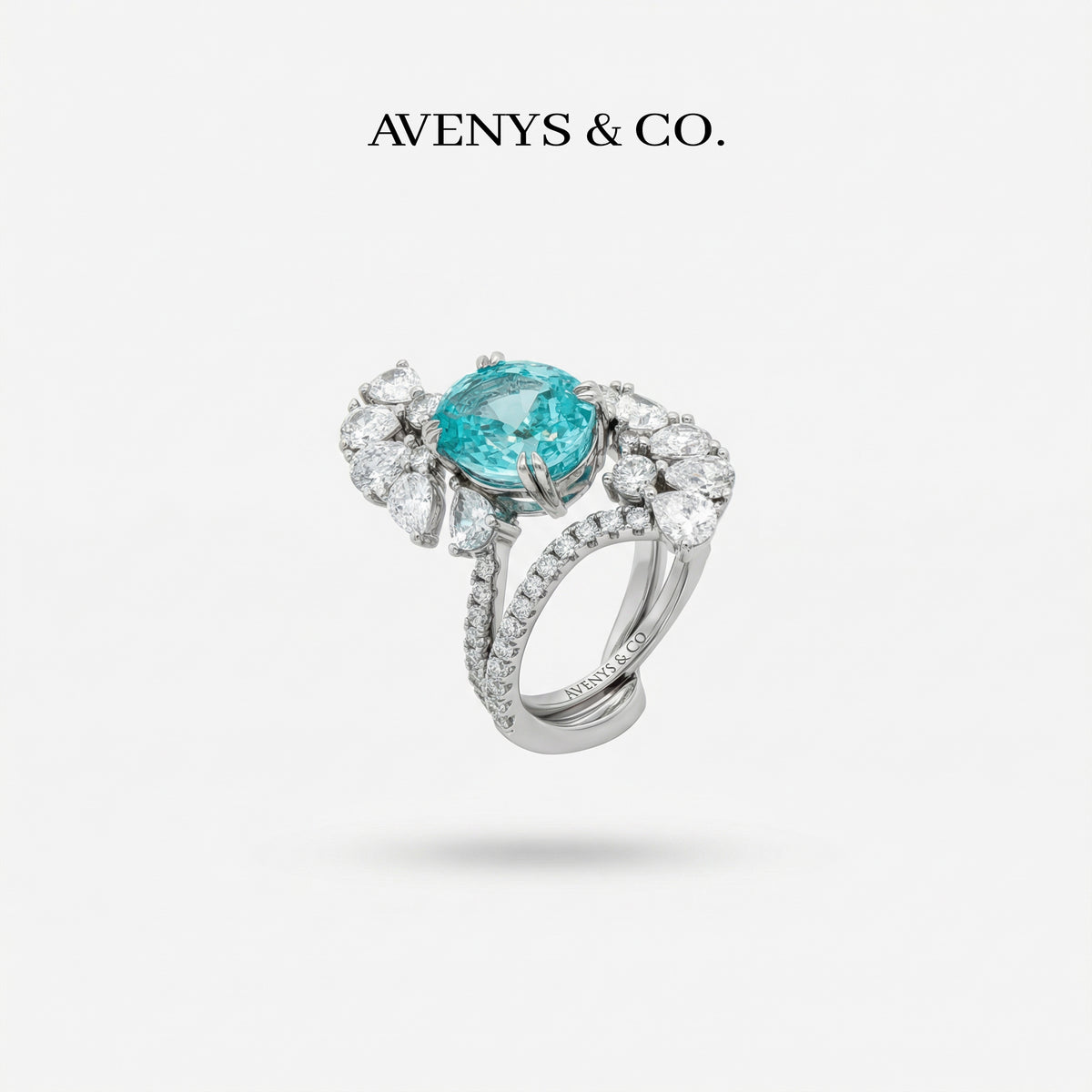 Lagoon Pave Ring with Stacking Band with Paraiba Oval Stone – on White Gold