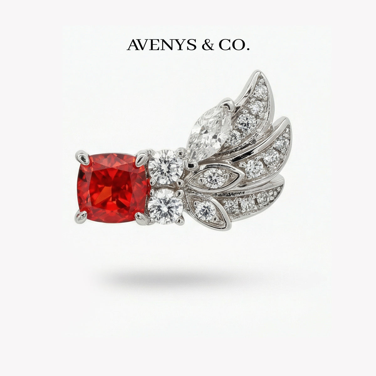 Red Wings Earrings with Red Cushion Stone – on White Gold
