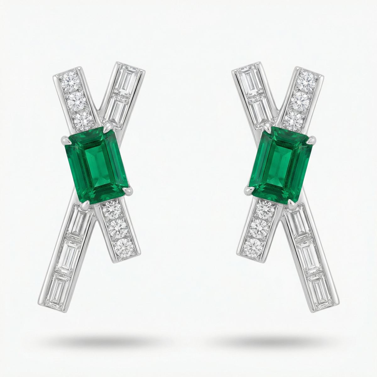 Tracks Earrings with Green Emerald Stone – on White Gold