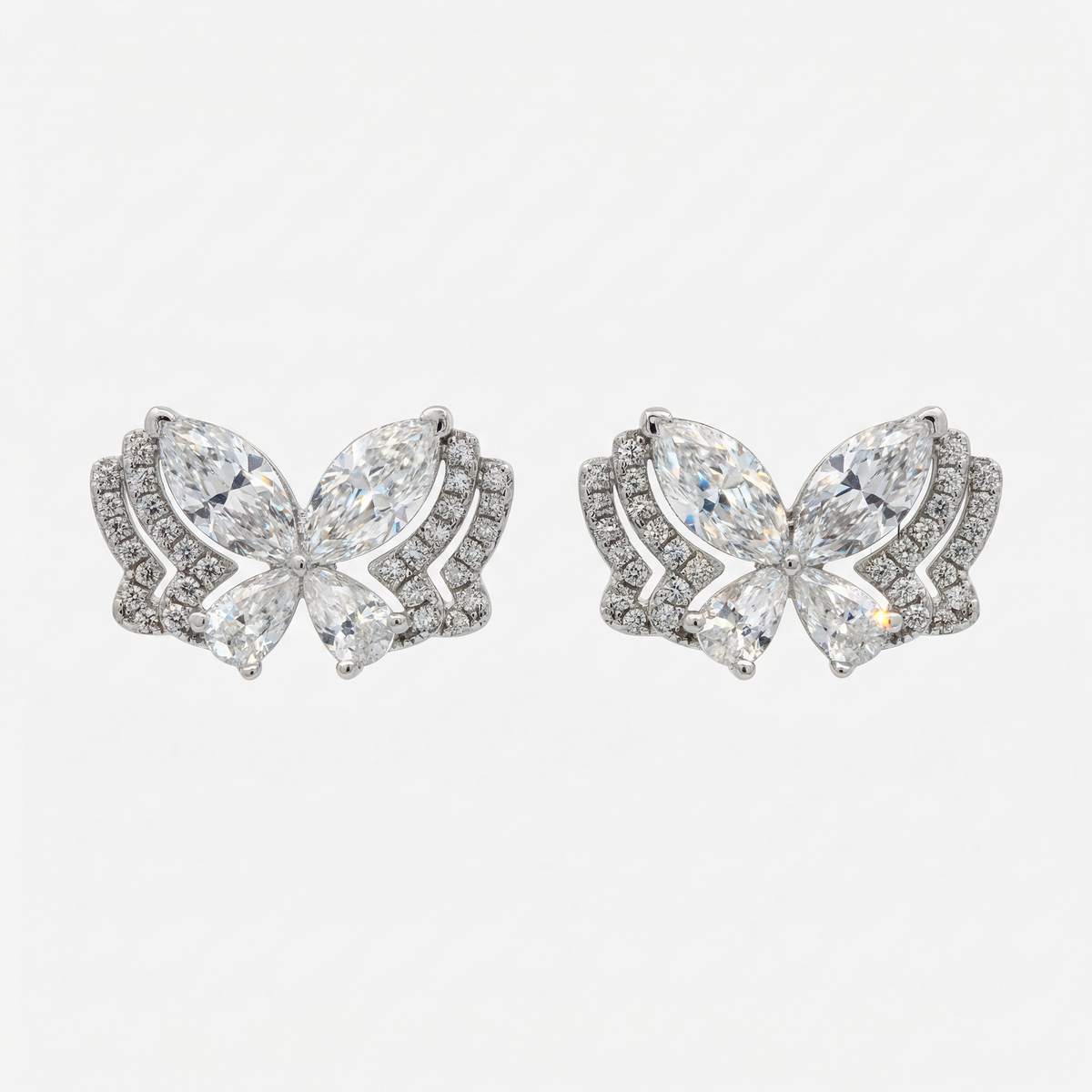 Butterfly Wide Earings with White Marquise Stone – on White Gold
