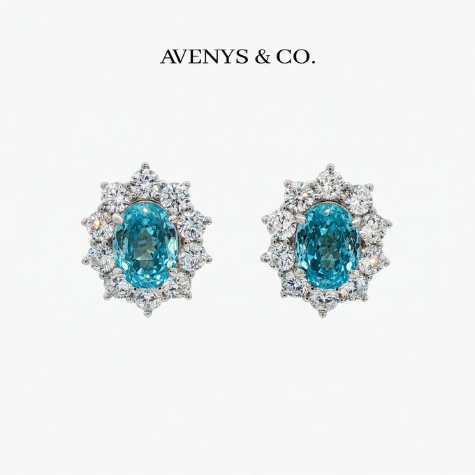 Bloom Halo Earrings with Paraiba Oval Stone – on White Gold
