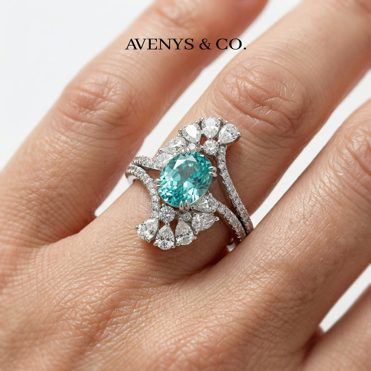 Lagoon Pave Ring with Stacking Band with Paraiba Oval Stone – on White Gold
